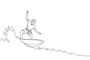 un seul dessin au trait d'un jeune surfeur sportif à cheval sur un baril de grosses vagues dans l'illustration vectorielle graphique du paradis de la plage de surf. concept de sports nautiques extrêmes. conception moderne de dessin en ligne continue vecteur