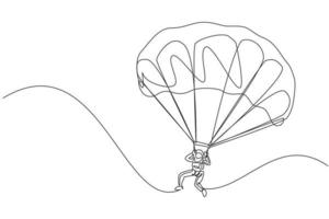 dessin en ligne continue unique d'un jeune touriste volant avec un parachute de parapente dans le ciel. concept de sport de vacances de vacances extrêmes. illustration graphique vectorielle de conception de dessin à une ligne à la mode vecteur