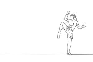 un seul dessin au trait d'un jeune combattant énergique muay thai pose avant de se battre à l'illustration vectorielle du centre de remise en forme de gym. concept de sport combatif de boxe thaïlandaise. conception moderne de dessin en ligne continue vecteur