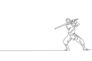 un dessin en ligne continu d'un jeune personnage ninja japonais courageux sur un costume noir avec une position d'attaque. concept de combat d'art martial. illustration graphique vectorielle de conception de dessin à une seule ligne dynamique vecteur