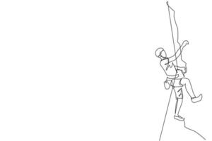 dessin en ligne continue d'un jeune grimpeur musclé grimpant accroché à la poignée de montagne. mode de vie actif en plein air et concept d'escalade. illustration vectorielle de conception de dessin à une ligne à la mode vecteur