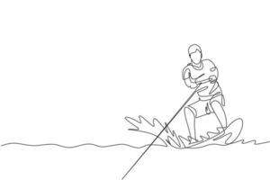 un dessin en ligne continu d'un jeune homme énergique amusant jouer au wakeboard dans l'océan de la mer. concept de sport de mode de vie sain. bonnes vacances touristiques. illustration vectorielle de dessin dynamique à une seule ligne vecteur