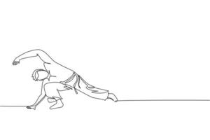 un seul dessin au trait d'un jeune homme énergique danseur de capoeira effectuer un graphique d'illustration vectorielle de combat de danse. concept de sport de style de vie d'art martial traditionnel. conception moderne de dessin en ligne continue vecteur