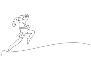 un dessin en ligne continu d'un jeune boxeur sportif muay thai pratiquant le coup de genou et le coup de pied volant à l'arène de la boîte. concept de jeu de sport de combat. illustration vectorielle de dessin dynamique à une seule ligne vecteur