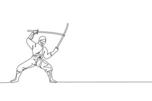 un seul dessin de jeune ninja traditionnel japonais énergique tenant des épées de samouraï en attaque pose illustration vectorielle. concept de sport d'art martial combatif. conception moderne de dessin en ligne continue vecteur