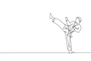 dessin en ligne continue d'un jeune homme de karatéka confiant en kimono pratiquant le combat de karaté au dojo. concept d'entraînement sportif d'arts martiaux. illustration graphique vectorielle de conception de dessin à une ligne à la mode vecteur