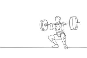 dessin en ligne continue d'un jeune haltérophile fort se préparant à l'entraînement d'haltères dans la salle de sport. concept d'entraînement de musculation. tendance une ligne dessiner illustration vectorielle de conception graphique vecteur