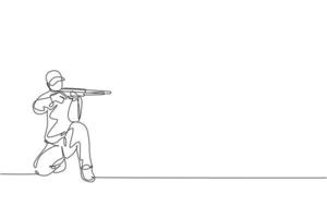 dessin en ligne continue unique d'un jeune athlète tireur tenant un pistolet et s'entraînant pour viser le tir tactique cible. concept d'entraînement sportif de tir. illustration vectorielle de conception de dessin à une ligne à la mode vecteur