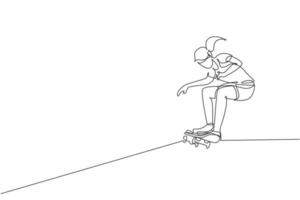 une seule ligne continue dessinant une jeune femme de skateboard cool faisant du skate et exécutant des tours dans le skate park. pratiquer le concept de sport en plein air. illustration vectorielle graphique de conception de dessin à une ligne à la mode vecteur