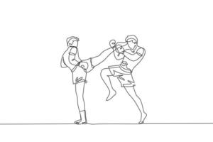 un seul dessin au trait d'un jeune combattant énergique muay thai faisant de l'exercice à l'illustration vectorielle de gym fitness centre graphique. concept de sport combatif de boxe thaïlandaise. conception moderne de dessin en ligne continue vecteur