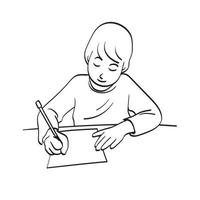 dessin au trait garçon écrivant sur papier avec crayon illustration vecteur dessiné à la main isolé sur fond blanc