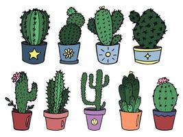 ensemble de cactus simples dessinés à la main mignons. plante d'intérieur dans un pot clipart. illustration de cactus. doodle maison confortable. vecteur