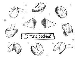biscuits de fortune chinois ensemble vectoriel dessiné à la main. illustration de la nourriture. biscuit croustillant avec une feuille de papier vierge à l'intérieur. pour l'impression, le web, le design, la décoration, le logo.