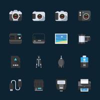 icônes d'accessoires d'appareil photo et d'appareil photo avec fond noir vecteur