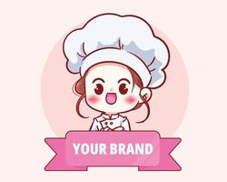 mignon chef fille en uniforme personnage souriant et bras croisés bannière nourriture restaurant logo dessin animé art illustration vecteur