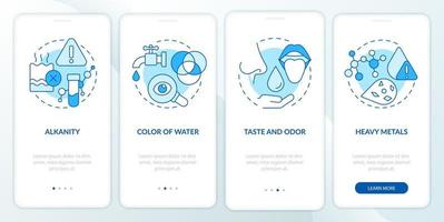 test de la qualité de l'eau écran bleu de l'application mobile d'intégration. Procédure pas à pas pour les métaux lourds 4 étapes pages d'instructions graphiques avec des concepts linéaires. ui, ux, modèle d'interface graphique. vecteur