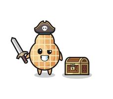 le personnage de pirate cacahuète tenant une épée à côté d'un coffre au trésor vecteur