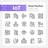 ensemble d'icônes linéaires parfaites en pixels iot. réglementation Wi-Fi. internet des objets. symboles de lignes fines personnalisables. illustrations vectorielles isolées. trait modifiable. police quicksand-light utilisée vecteur