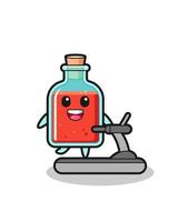 personnage de dessin animé de bouteille de poison carré marchant sur le tapis roulant vecteur