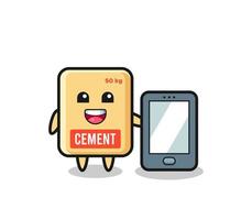 dessin animé illustration sac de ciment tenant un smartphone vecteur