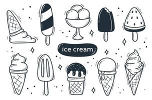 jeu de crème glacée. dessiné à la main sur un fond blanc. dessert dans un style doodle. vecteur