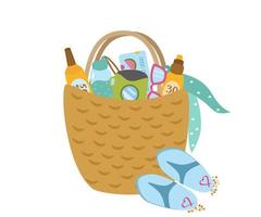 sac de plage en osier avec des choses pour se détendre. crème solaire, bouteille d'eau, appareil photo, lunettes, carte de crédit, ardoises, mouchoir. illustration vectorielle pour un été ensoleillé. vecteur