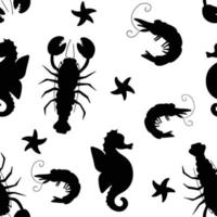 motif de mer monochrome avec vie marine en noir et blanc, écrevisses, crevettes, hippocampes, étoiles de mer. modèle sans couture de vecteur sur fond blanc