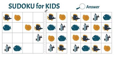 jeu de sudoku pour les enfants avec des images d'animaux marins. fiche d'activités pour enfants. style de dessin animé illustration vectorielle vecteur