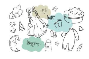 ensemble de lots de bébé dessinés à la main. doodle de style croquis de dessin animé pour icône, bannière. vecteur