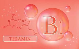 vitamine b1, thiamine, gouttes d'eau, capsule sur fond dégradé rouge. complexe de vitamines avec formule chimique. affiche médicale d'information. illustration vectorielle vecteur