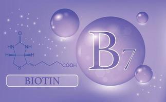 vitamine b7, biotine, gouttes d'eau, capsule sur fond violet. complexe de vitamines avec formule chimique. affiche médicale d'information. illustration vectorielle vecteur