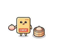 personnage mignon de sac de ciment mangeant des petits pains cuits à la vapeur vecteur