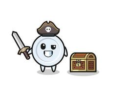 le personnage de pirate de plaque tenant une épée à côté d'un coffre au trésor vecteur