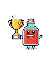 illustration de dessin animé d'une bouteille de poison carrée est heureuse de brandir le trophée d'or vecteur
