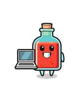 illustration de mascotte de bouteille de poison carrée avec un ordinateur portable vecteur