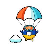 le dessin animé de la mascotte du drapeau de l'arménie fait du parachutisme avec un geste heureux vecteur