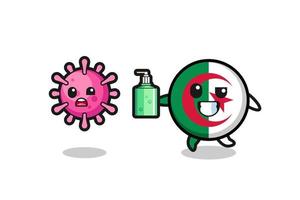 illustration du personnage du drapeau algérien chassant le virus du mal avec un désinfectant pour les mains vecteur
