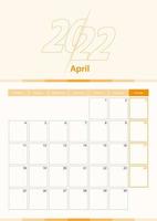 feuille de calendrier vertical vectoriel moderne pour avril 2022, planificateur en anglais.