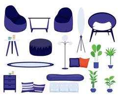 Ensemble de meubles de salon mignon avec différents meubles chaise fauteuil tapis oreiller armoire maison plante isolée vecteur