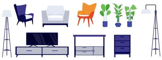 Ensemble de meubles de salon mignon avec différents meubles tv chaise fauteuil oreiller armoire plante d'intérieur isolé sur fond blanc vecteur