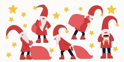 sertie de gnomes et d'étoiles plates et colorées. Noël. gnomes avec des sacs-cadeaux. illustration vectorielle dessinée à la main. vecteur
