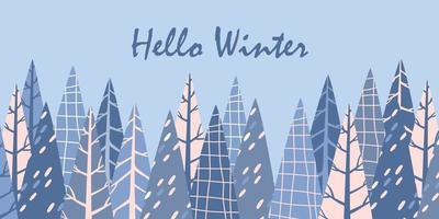 conception de bannière avec des arbres de noël plats avec différentes textures. lettrage bonjour l'hiver. illustration vectorielle isolée sur fond blanc. vecteur
