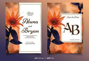 modèle d'invitation de mariage aquarelle avec ornement fleur orange et bleu vecteur