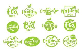 icône de jeu d'étiquettes bio naturelles bio, badges d'aliments sains, nourriture éco-végétarienne fraîche vecteur