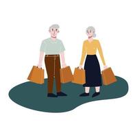 un couple âgé porte des sacs à provisions. achats de vieux couple. illustration vectorielle plane. vecteur