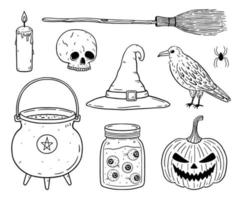 ensemble de doodle d'éléments d'halloween - crâne, corbeau, chaudron de sorcière, balai et chapeau, lanterne citrouille effrayante, pot avec globes oculaires. illustration vectorielle dessinée à la main. parfait pour les conceptions de vacances, les décorations. vecteur