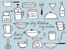 ensemble d'éléments de cuisine dessinés à la main dans un style de croquis de doodle. illustration pour l'icône, le menu, la conception de la recette. vecteur