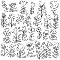 ensemble de fleurs de doodle fantastiques avec des pétales en forme de coeur, des herbes de contour romantiques pour des cartes de conception, des invitations, des pages à colorier, etc. vecteur