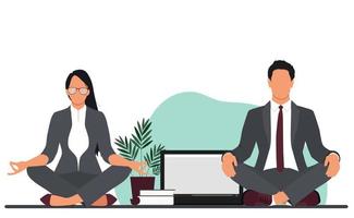 bureau femme et homme méditant assis sur la table. concept de détente de bureau. illustration vectorielle