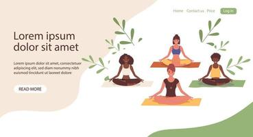 groupe de femmes pratiquant le yoga ensemble. femmes assises en asana pendant le cours de yoga. illustration vectorielle, bannière ou page de destination vecteur